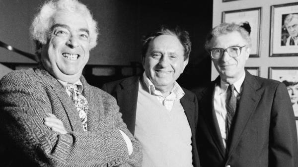 The creators of “Fiddler on the Roof," composer Jerry Bock, from left, writer Joseph Stein, and lyricist Sheldon Harnick, appear at the George Gershwin Theater in New York on Nov. 5, 1990.