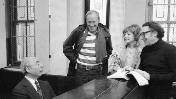 Composer Richard Rodgers, left, appears with cast members of "REX" Nicol Williamson, center, and Penny Fuller, as lyricist Sheldon Harnick, right, looks on in New York on Jan. 19, 1976.